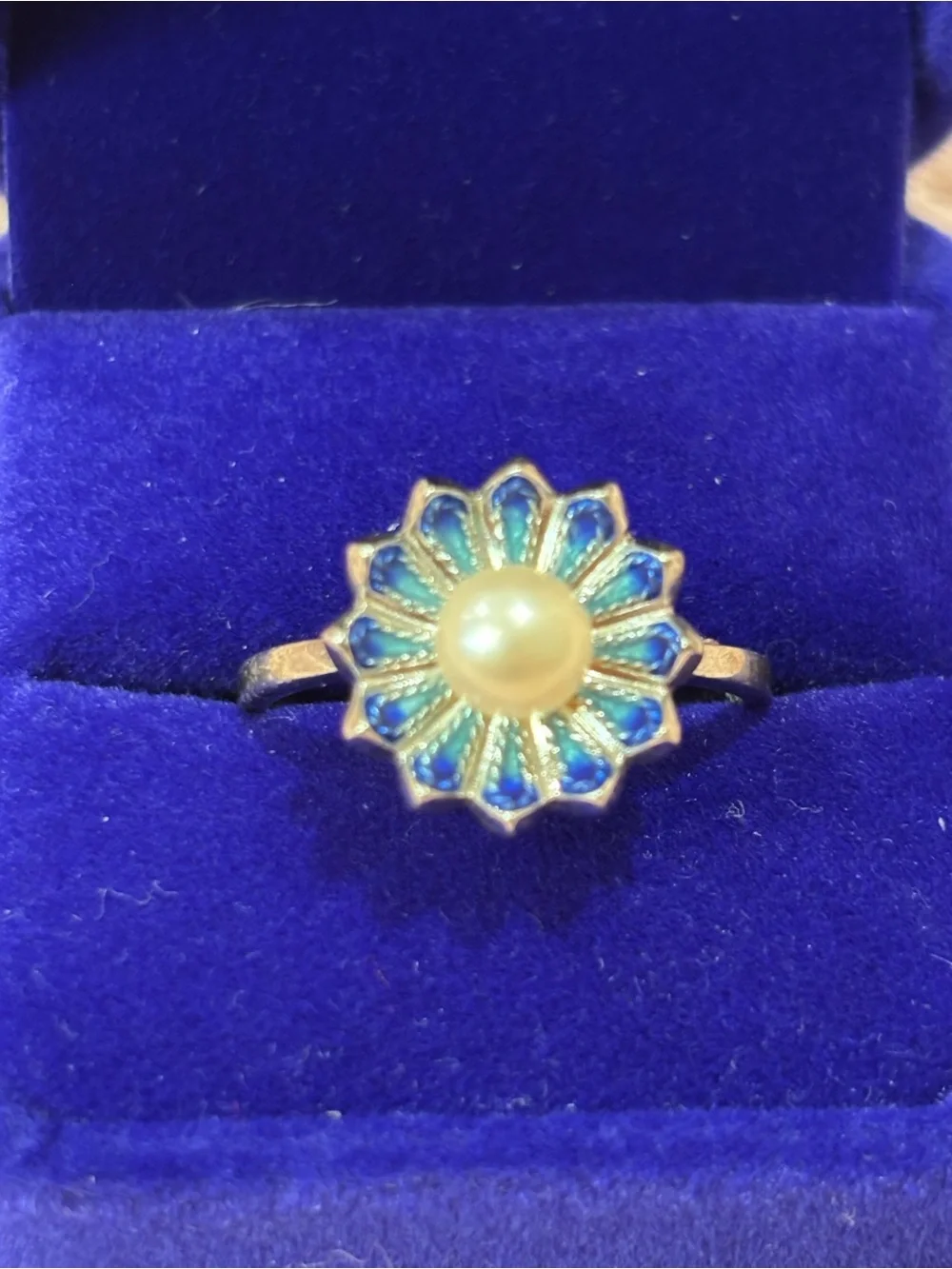 Sterling silver Blue Enamel Flower with real Pearl Center Ring